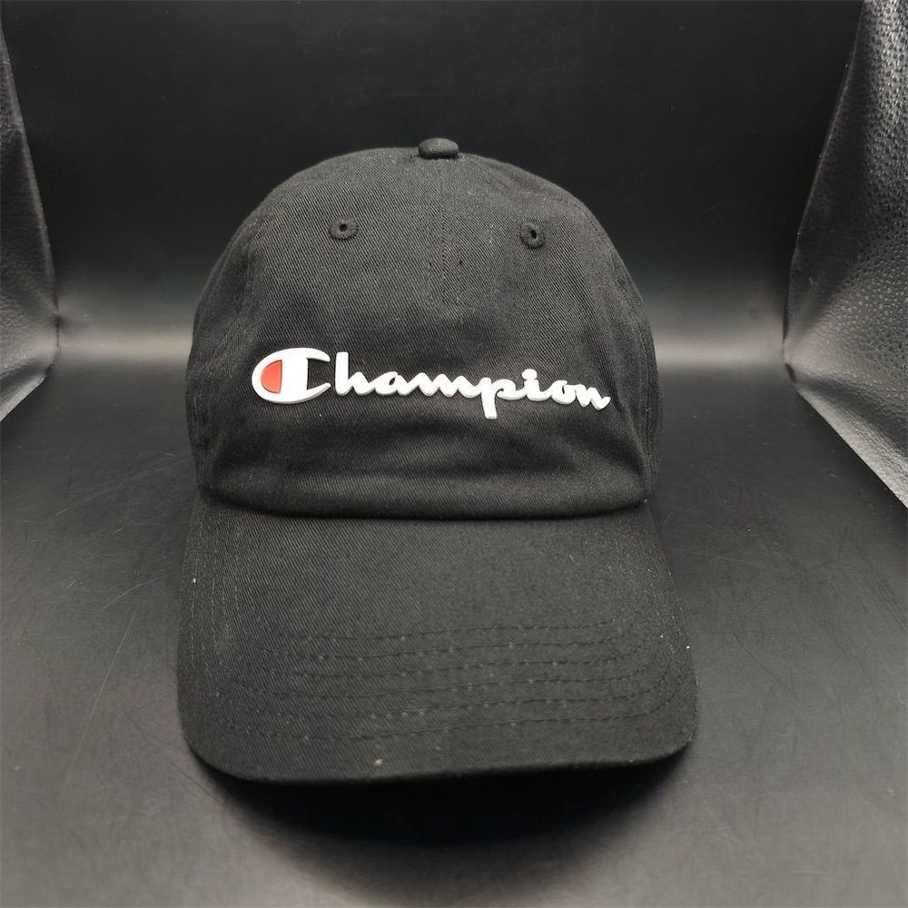 Champion Hat Cap Strapback Adjustable Black Dad Cotton Script Logo Casual